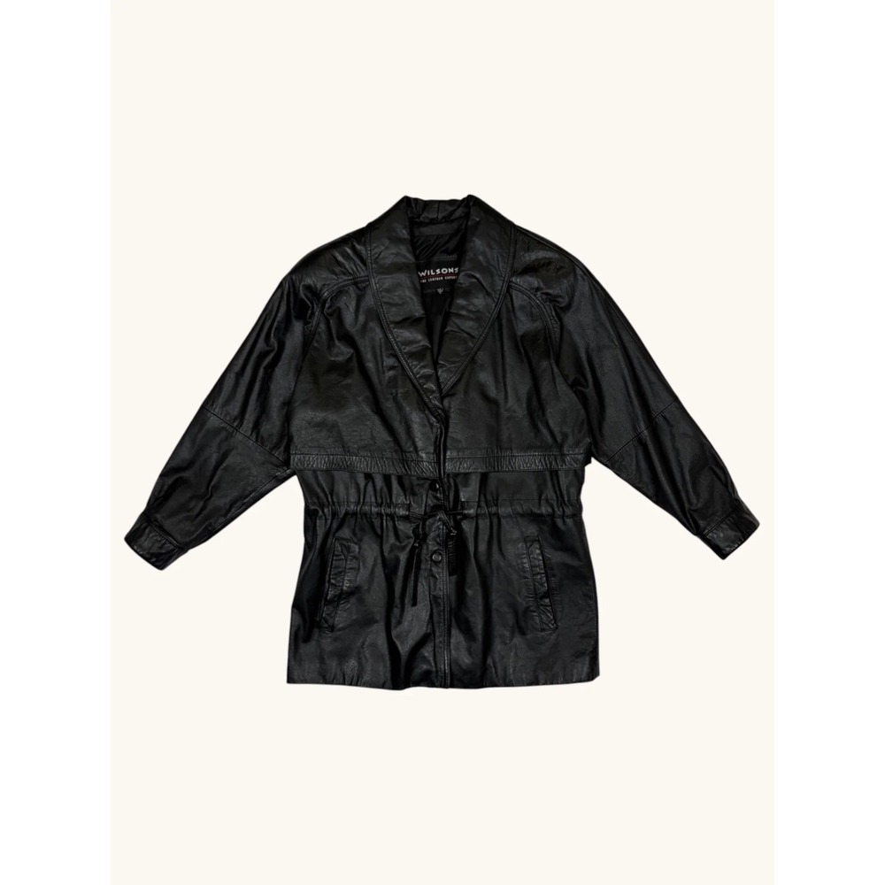 Wilsons Leather Jacket Womens XS Black Vintage Shawl Collar Drawstring Waist